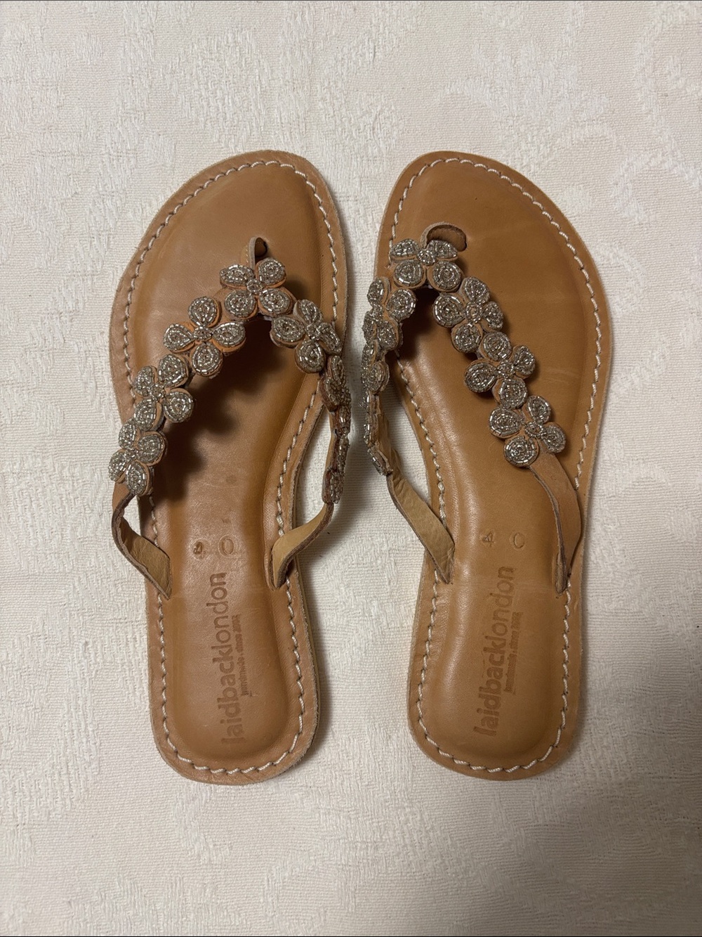 Embellished Tan Floral Thong Sandals by Laidback London